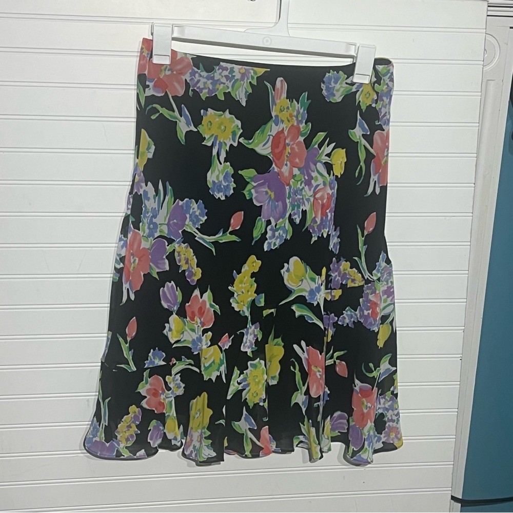 Chaps Black A-Line Chiffon Skirt with Multicolor Floral Print Size Medium
